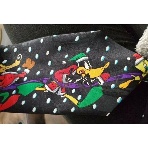Vintage Looney Tunes Mania Christmas Tie Sleigh Taz Santa 1993 Polyester Black - Picture 6 of 7